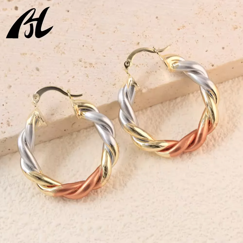 Popular Gold Plated Accessories Multi Style Double Tube Earring Good Quality Elegant Tri Color Women Hoop Earrings