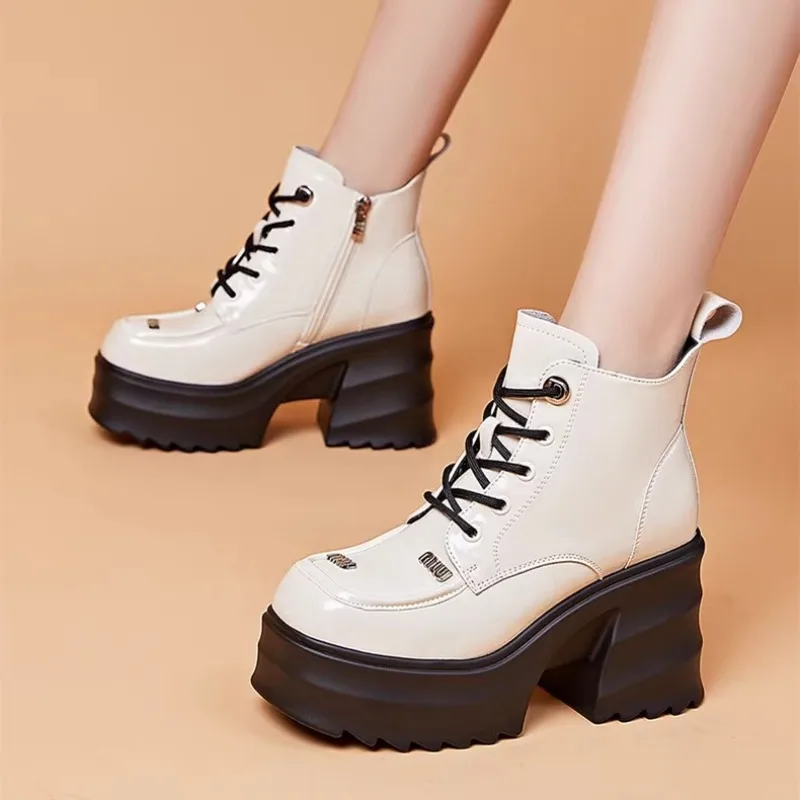 

Thick Bottom and Thick Heel 7cm Platform Wedge Ankle Boots Spring Autumn Shoes Mid Calf Ankle Boots Women Platform Females Shoes