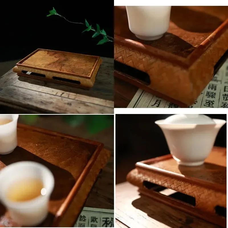 for Semicircular Bamboo Portable Tea Tray - Natural Stone Inlaid Pad with Curved Design for Zen Dry Tea Brewing and Home