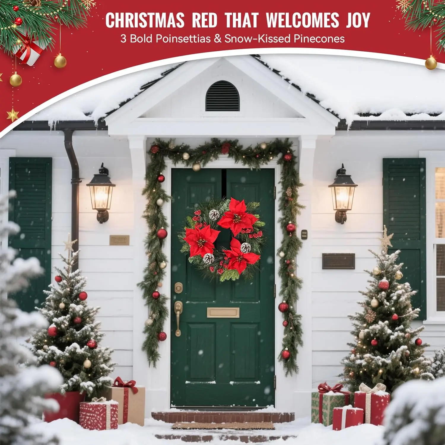 إكليل عيد الميلاد مقاس 24 بوصة - إكليل صنوبر كبير مع بونسيتة حمراء للباب الأمامي والجدار والمدفأة - داخلي/خارجي #5