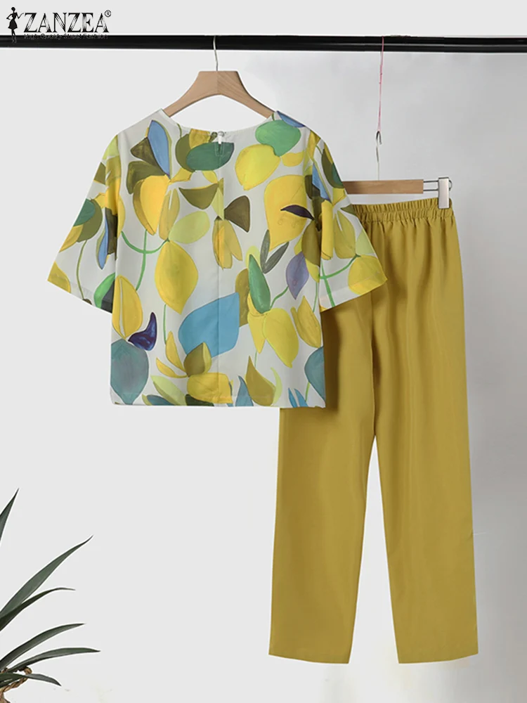 ZANZEA-Conjunto de 2 piezas para mujer, traje de pantalón Vintage con estampado Floral bohemio, blusa de media manga y pantalones a juego para vacaciones, 2024