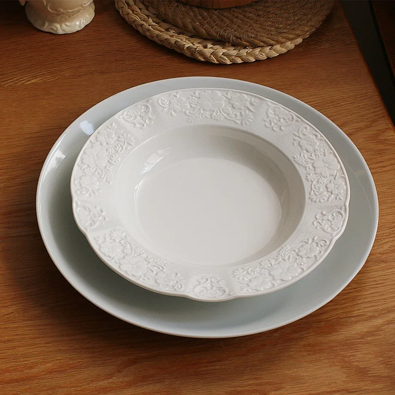 White Rose Patterned Relief Round Disc American Retro Pasta Steak Deep Plate Household Fruit Salad Ceramic Platter