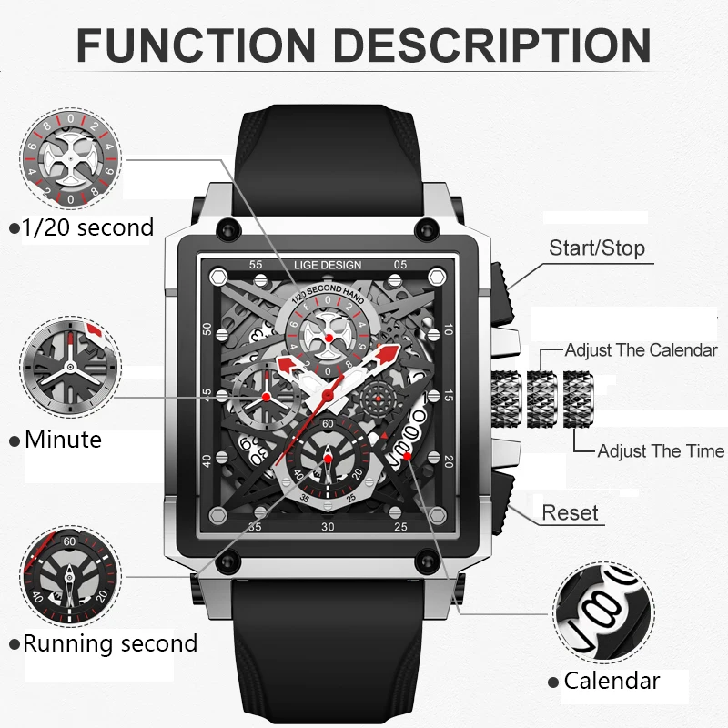 LIGE New Hollow Square Watch Men Fashion Business Men Watch Military Sport Waterproof Quartz Chronograph Relogio Masculino+BOX