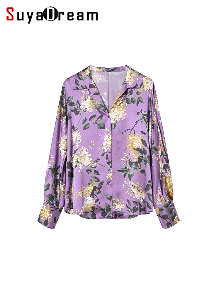 SuyaDream, Woman Floral Shirts, 100%Real Silk, Long Sleeved, Printed Purple Blouses, 2024 Spring Summer Office Lady Top