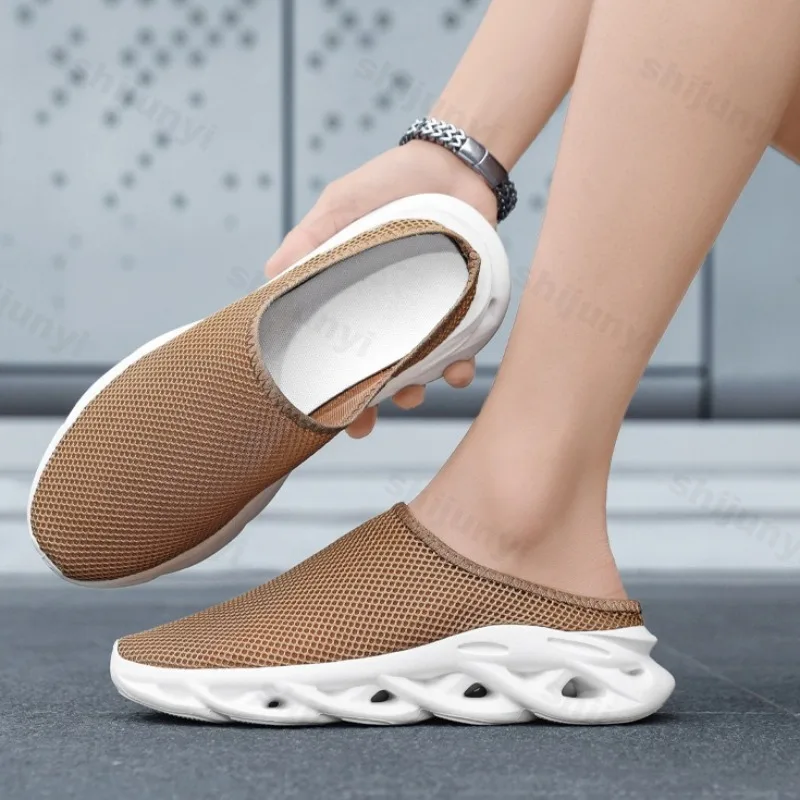 Fly Weave Design Fashion Casual Thick Soled Half Slippers for Men Spring 2025 New Comfortable Breathable Mesh Chunky Drag Shoes