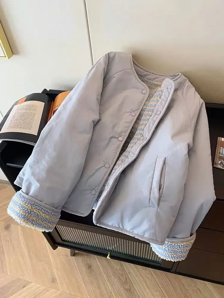 블루 램 울 양면 면 의류, 여성용 겨울 2025 신상 캐주얼 따뜻한 숏 코트