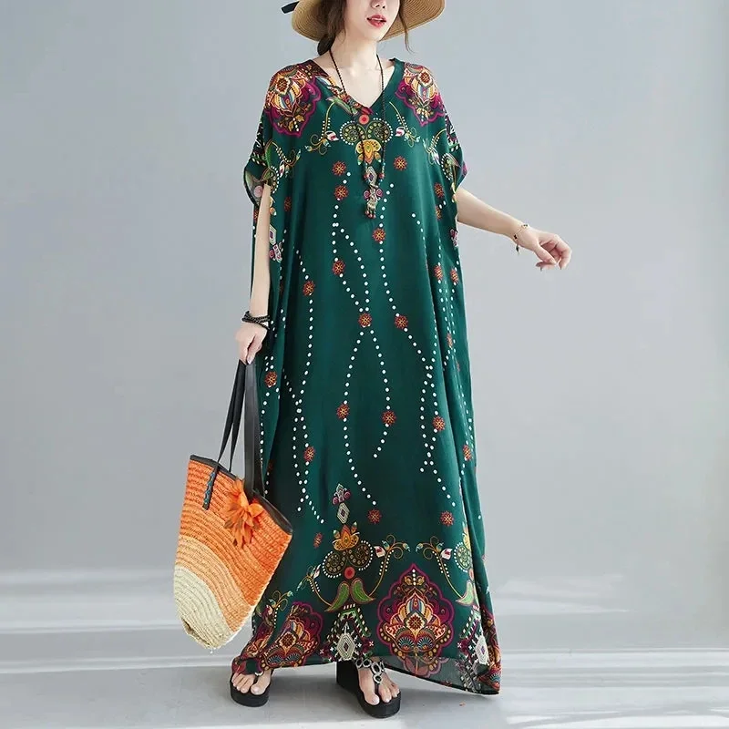 5011-10Ladies nightdress can wear literary retro loose color cotton silk robe V-neck 120kg bat sleeves