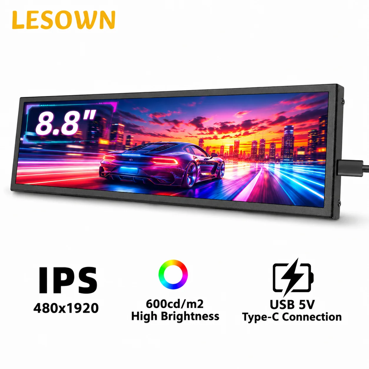 LESOWN Ultra-wide SBC Secondary Monitor 8.8in 480x1920 Type-C White Aluminum Display Panel for Banana Pi Board PC Setup