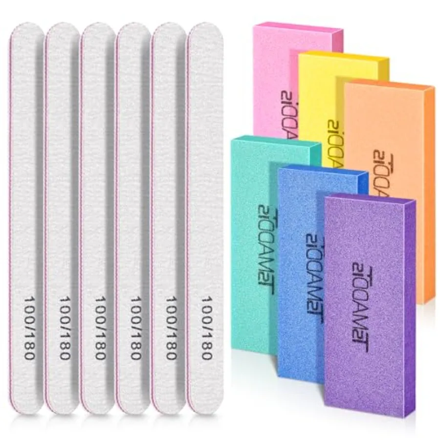 

Nail Files and Buffers Set with 6 pcs Rectangular Buffers and 6 pcs White 100 180 Grit Files, Professional Nail Care Tools Kit