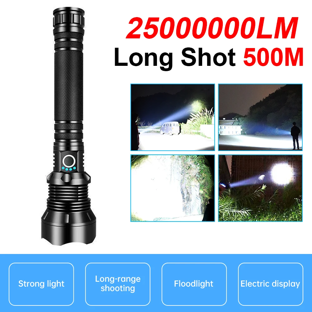 

1pc High Power LED Flashlight 25000000LM Tactical Torch Light USB Rechargeable Outdoor Waterproof Camping Fishing Zoom Lanterna