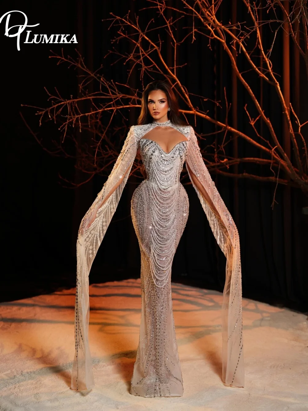 

Timeless High Neck Wedding Dress Dramatic Long Flowing Sleeve Beaded Bridal Gown Bride Customized Form-Fitting Vestido De Novia