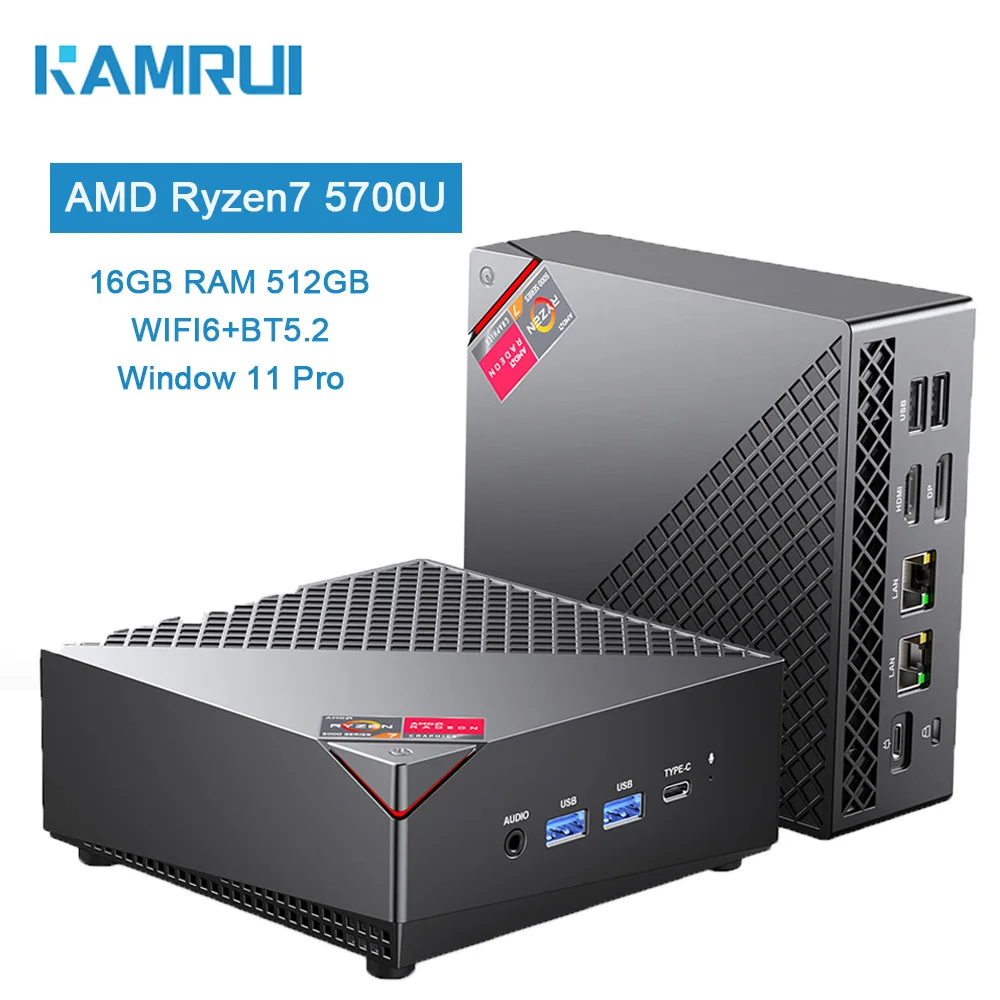 

KAMRUI Mini Gaming PC AMD Ryzen7 5700U DDR4 16GB RAM 512GB SSD WiFi6 BT5.2 4K Windows 11 Pro Mini Desktop Computer Work PC