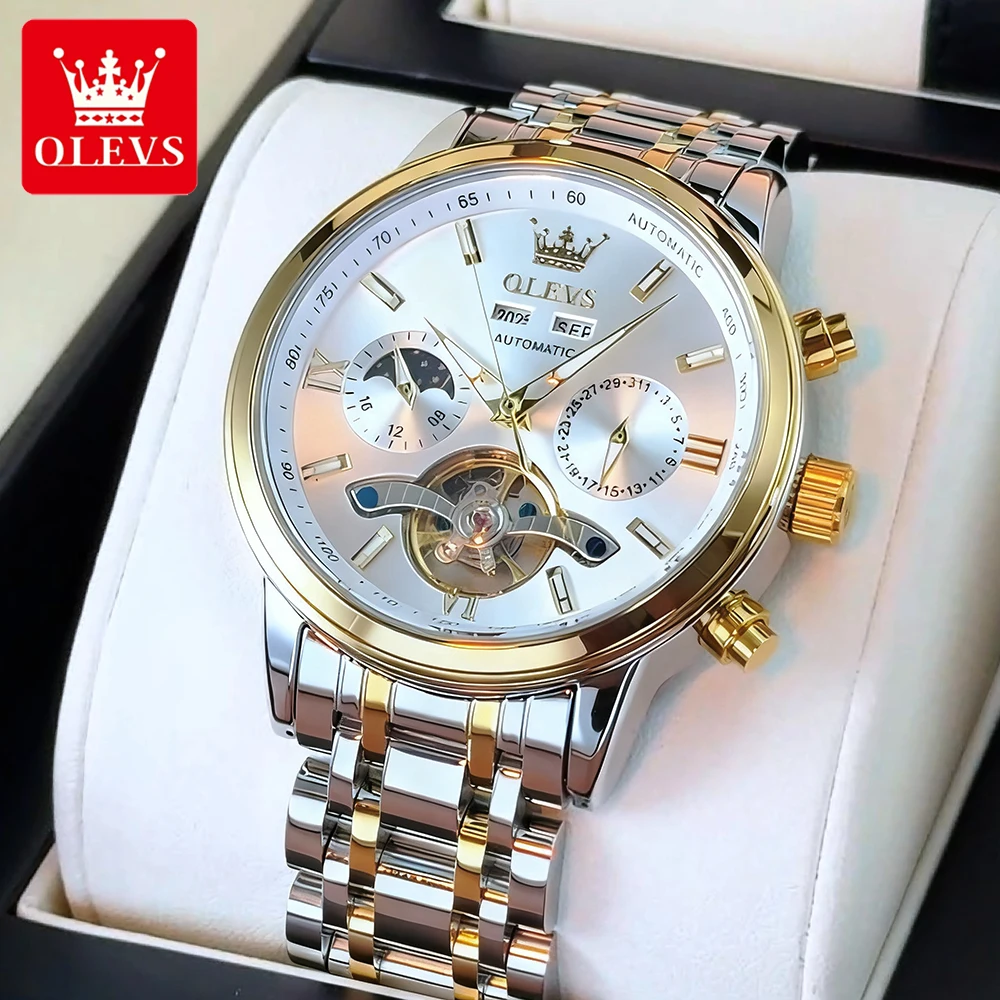 ساعات رجال الأعمال OLEVS من الفولاذ المقاوم للصدأ موضة أصلية ساعة يد ميكانيكية أوتوماتيكية مقاومة للماء تقويم مرحلة القمر جديد