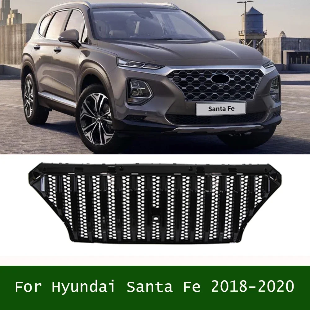 

For Hyundai Santa Fe 2018-2020 Grill Hood Mesh Racing Grills Suv korea Auto Parts Gloss Black Chrome ABS Bumper Grille