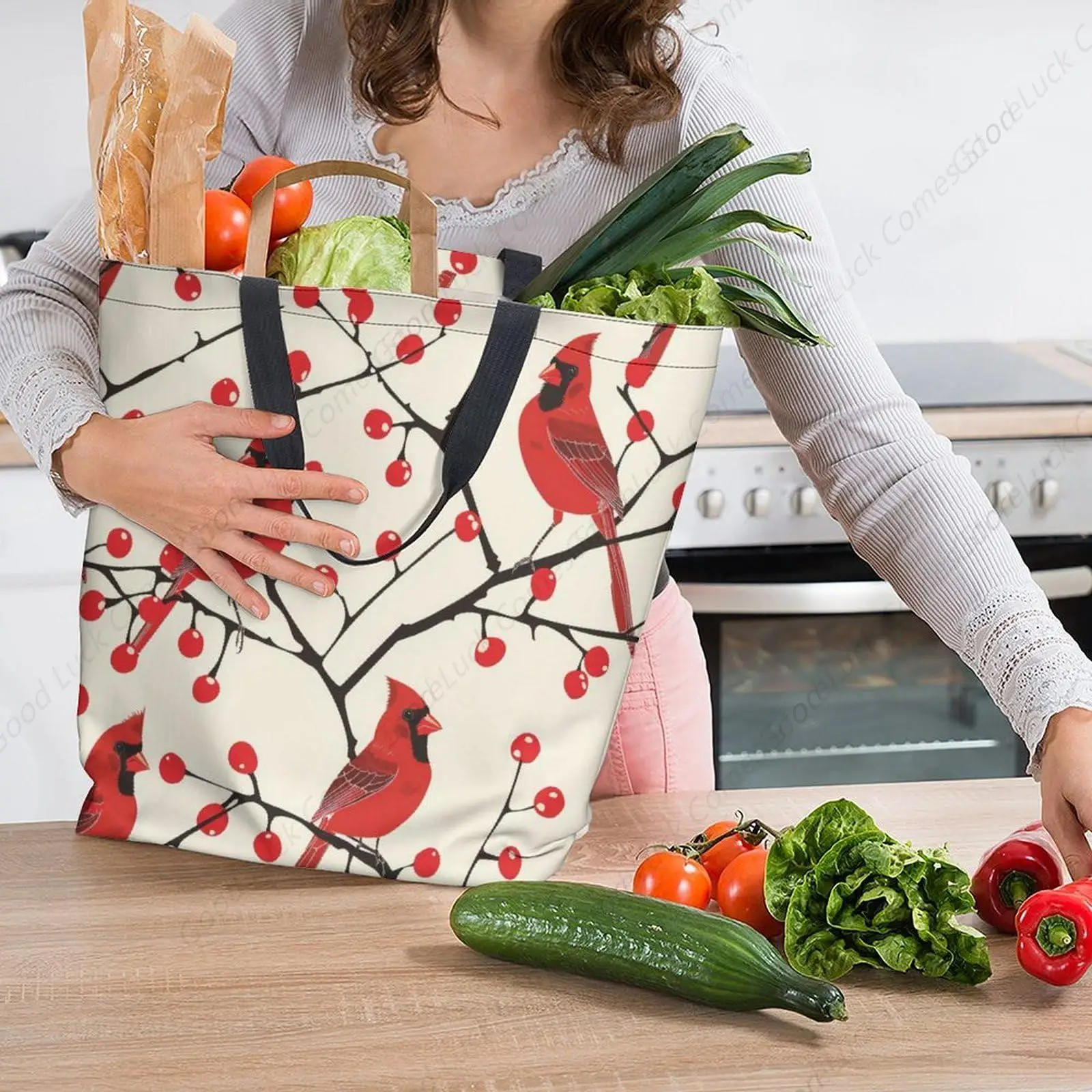 Rode Vogel Kersentakken Canvas Draagtas Grote Vrouwen Casual Schoudertas Handtas Herbruikbare Strand Winkelen Boodschappentas