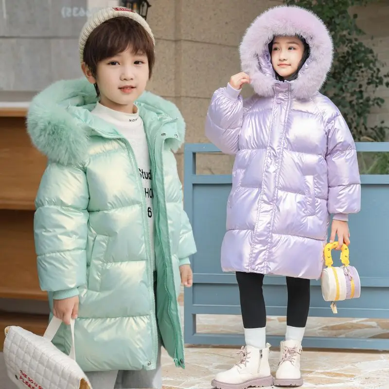 4-10T Girls Parkas Winter Coat Fashion Big Fur Collar Hooded Letters Print Long Children'S Outerwear Jackets High Quality