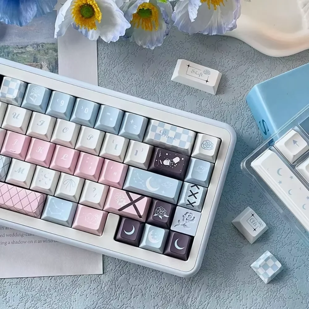 Rose Under The Moon Cherry Keycaps PBT 128 Keys Girls Personalized Gradient Color for 60/64/84/98/108 Mechanical Keyboards