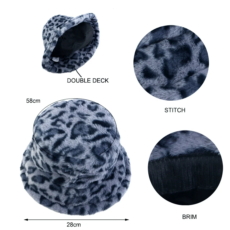 New Women Leopard Print Winter Plush Bucket Hat Thick Soft Warm Coldproof Fisherman Cap Panama Hats Outdoor Sun Protection Caps