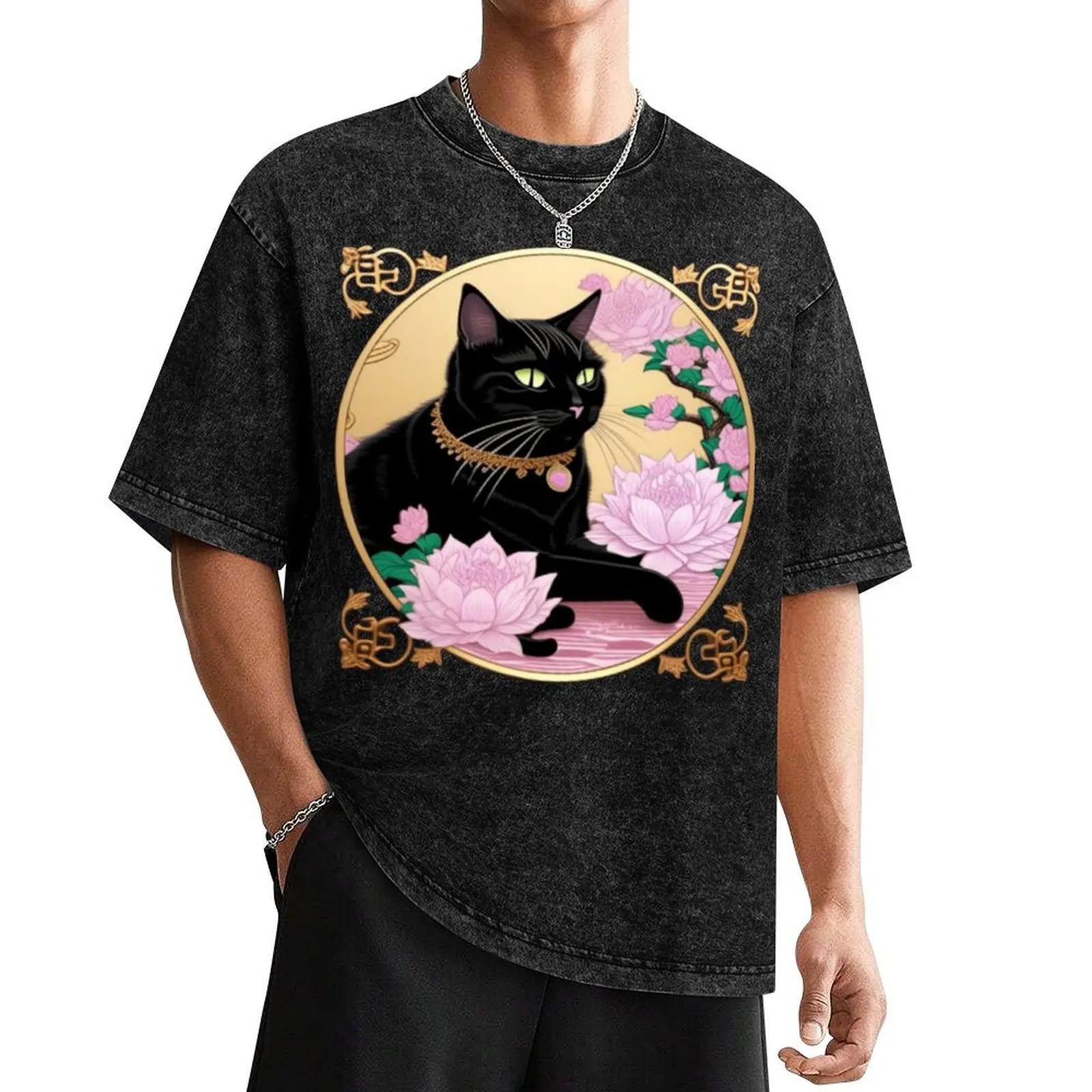 

Elegant black cat and purple lotus flowers T-Shirt anime clothes boys animal print luxury designer mens t shirts pack