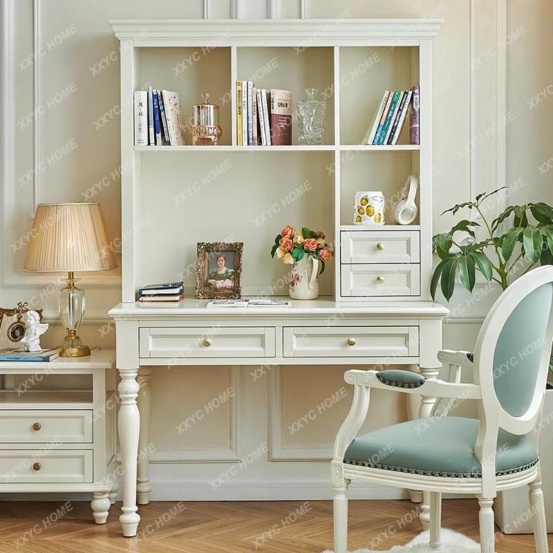 M White cream wind all solid wood desk bookshelf integrated table home student study table