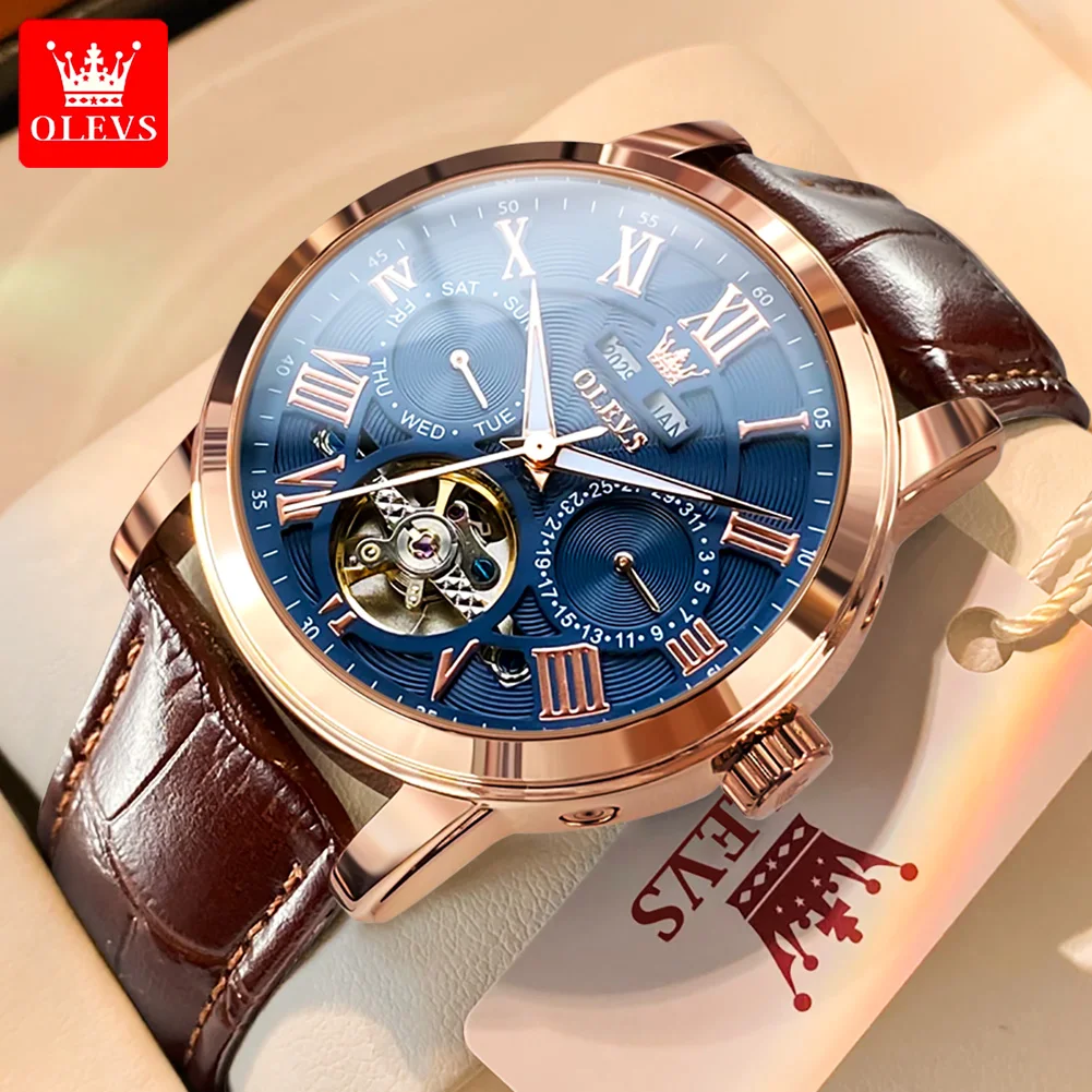 OLEVS Topmerk automatisch horloge voor heren chronograaf maanfase kalender lederen band heren quartz horloge waterdicht polshorloge