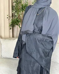 Extra-Loose-Fit Jacquard Satin Kaftan Abaya Dress-Bulit-in Waist Belt. Ramadan Eid Muslim Caftan Dress Hijabi Islamic Clothing