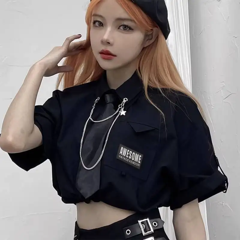 

2026 Summer American Techwear Slim Fit Plus Size Short Sleeve Shirt for Women Chain Design Black Cropped Spicy Top