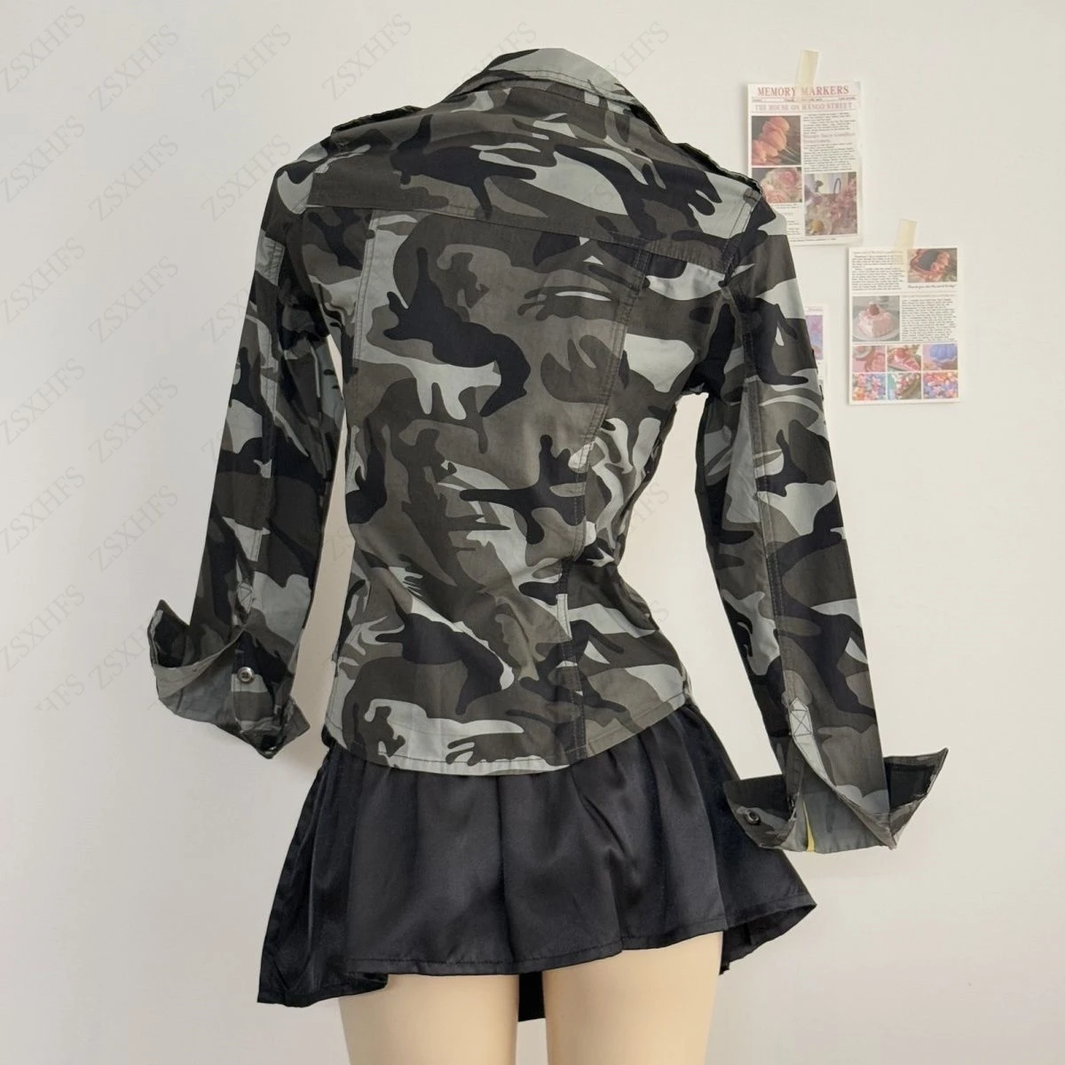 เสื้อเชิ้ตคาร์โก้ลายพรางสำหรับผู้หญิง แฟชั่นสตรีทสุดฮิต สไตล์เซ็กซี่ลำลอง ทรงเข้ารูป แขนยาว สไตล์อเมริกัน วินเทจ แคชชวล ยุค Y2K