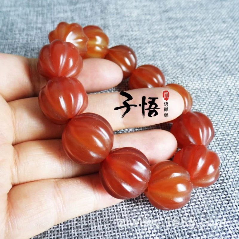 Tibetan Old Chalcedony Red Agate Pumpkin Beads Carved Lantern Bead Bracelet