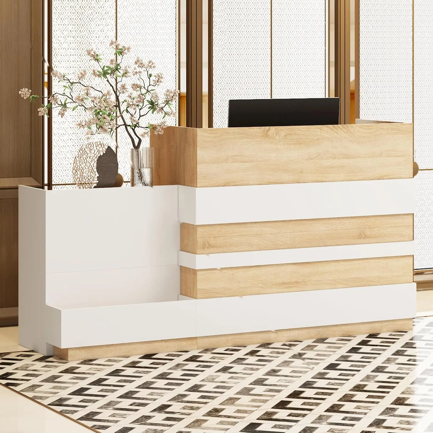 Oak & White Reception Desk with Keyboard Tray, Retail Counter with Cabinet, Checkout Counter Table for Office, Customized