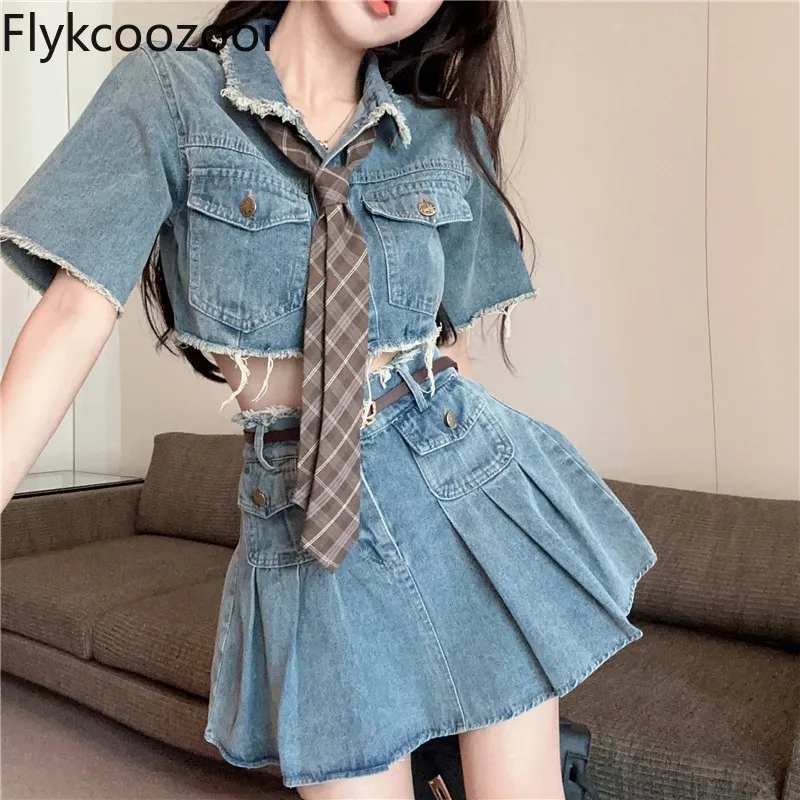 2024 Summer Raw Edge risvolto puro Slim-fit cappotto corto in Denim + gonna + cravatta Fashion Design Conjunto Femenino Roupa Elegante