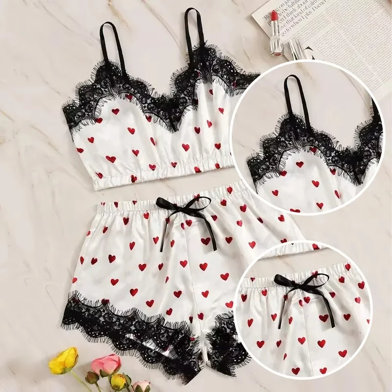 2PCS Pajama Suit Women Fashion V-Neck Stretch Satin Lace Sexy Lingerie Bowknot Pyjamas Sleep Shorts Set Sleepwear Sling Set New image 4
