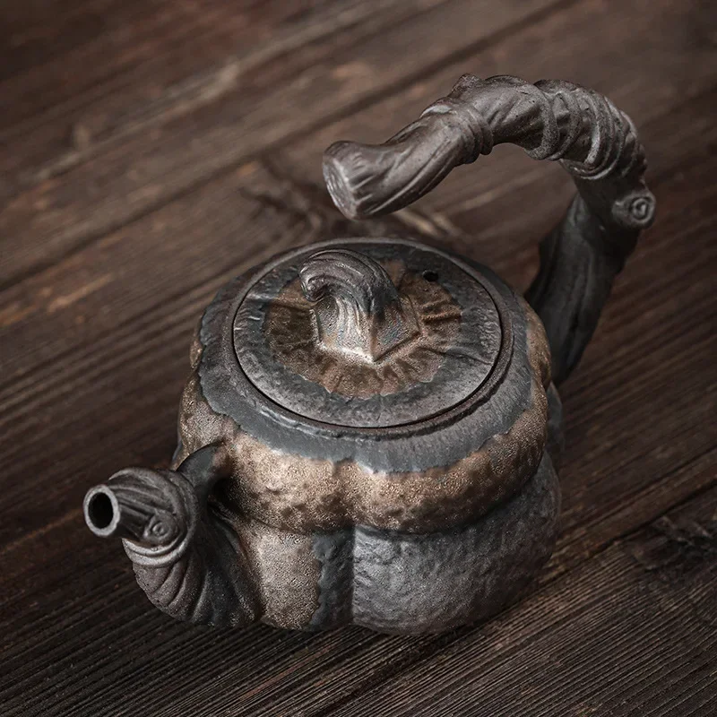 Gold Pumpkin Loop-Handled Teapot Japanese Style Handmade Stoneware Single Teapot Ceramic Kung Fu Tea Tea Ceramic