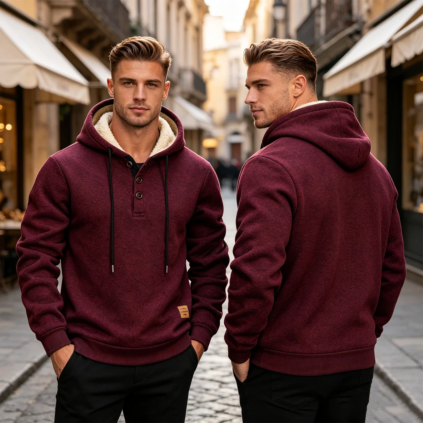 Men Warm Fleece Knit Sweater Half Button Hoodie Thicken Winter Hooded Sweatshirts Outdoor Running Sports Casual Pullover