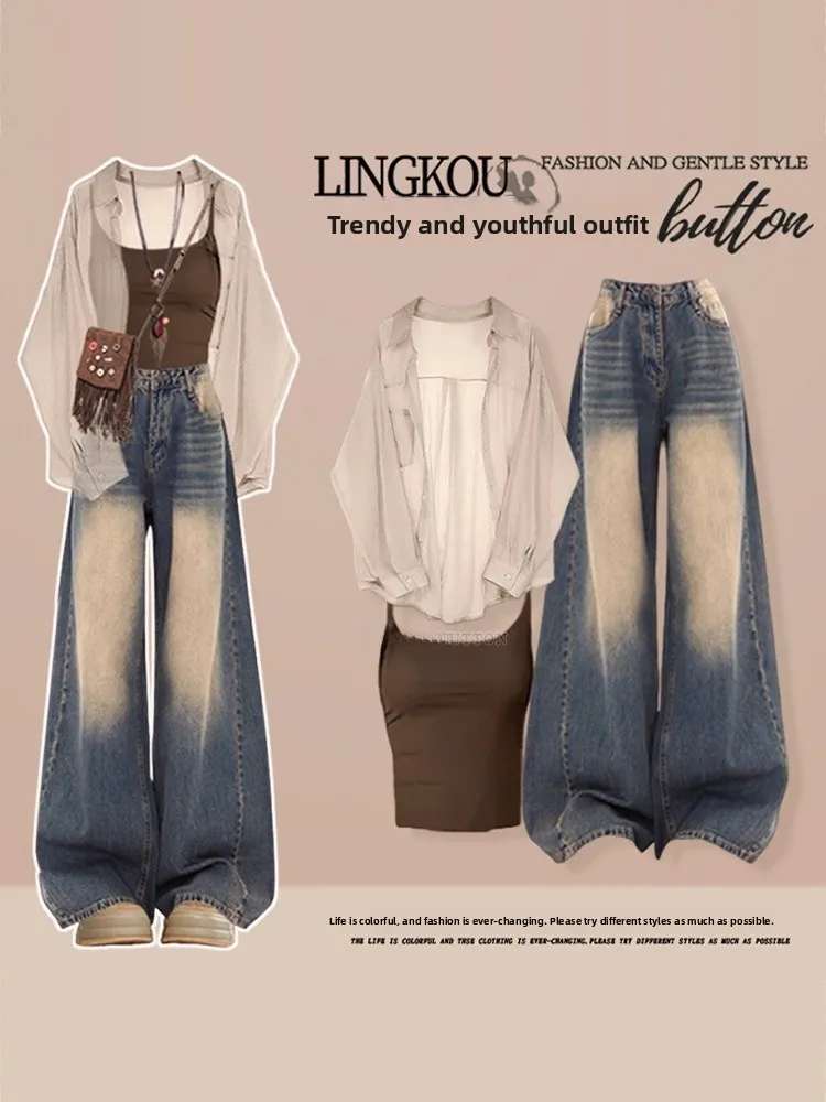 

Anti-Aging Large Size Summer Sun Protection Shirt And Slimming Crop Top with High Waist Retro Denim Skirt Three-Piece Set for...