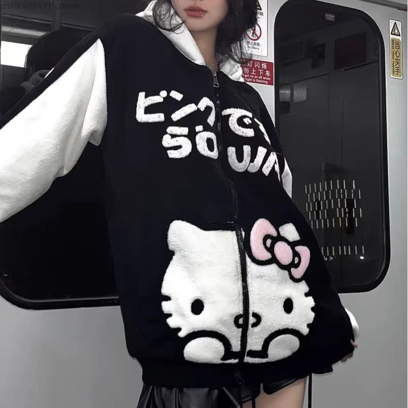 Sanrio Hello Kitty Embroidered Plush Zipper Coat Y2k Girls Winter Fall Black Hoodie Ladies Lolita Jk Uniform New Kawaii Pink Top