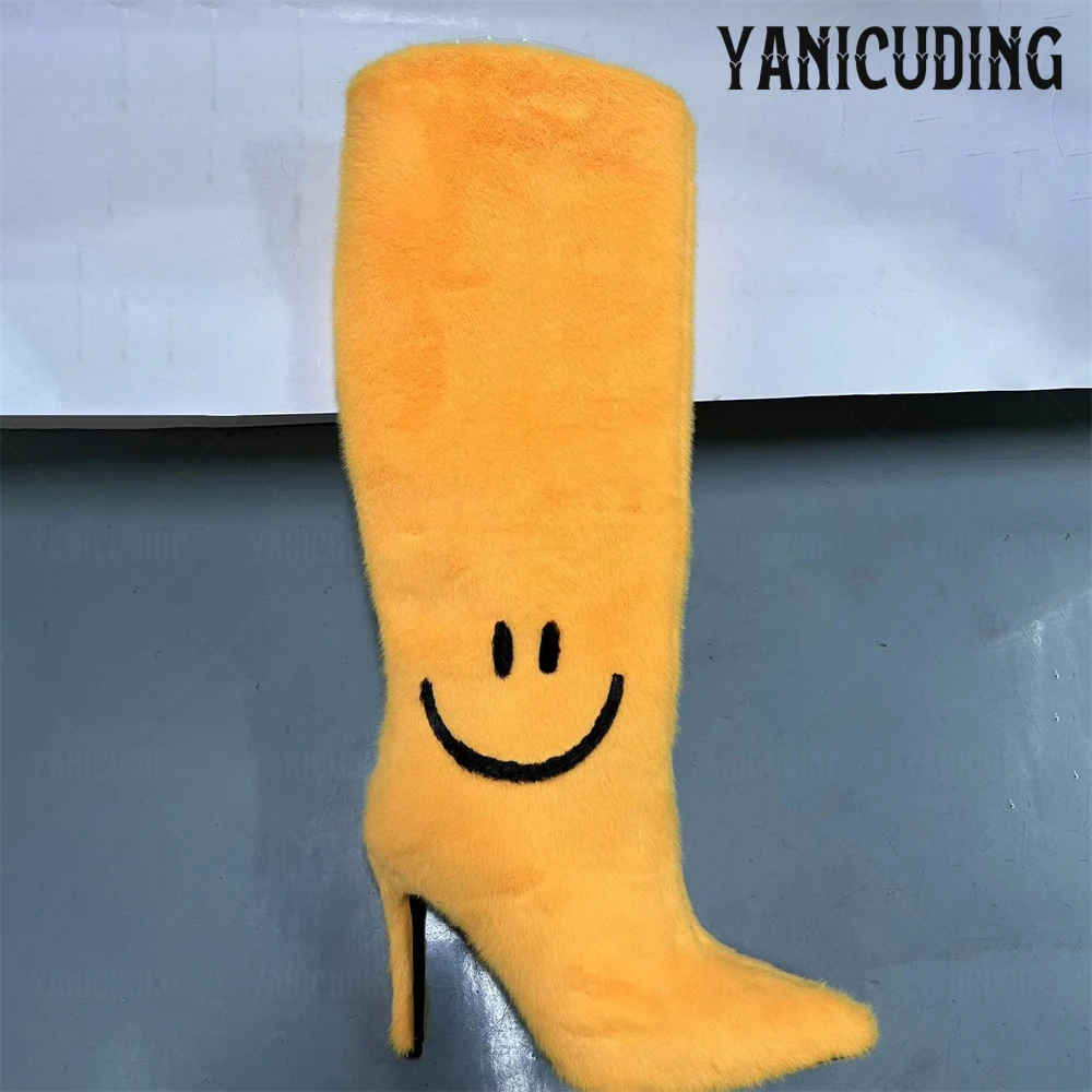 Yellow Fluffy Happy Boots Novelty Style Knee-High Boots Warm Winter Slip-On Boots Black Smiley Face Pointed Toe Stiletto Boots