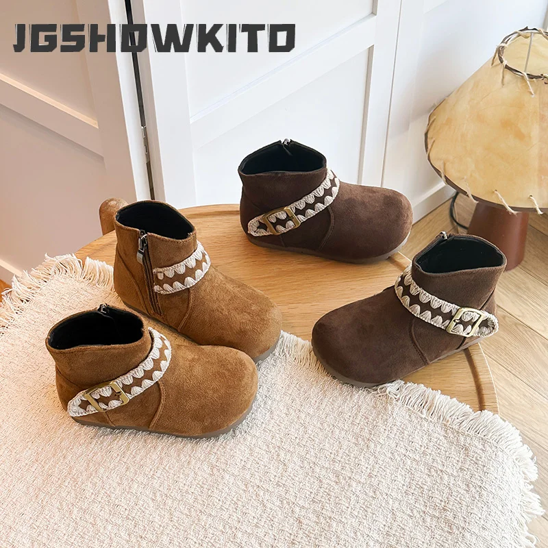 JGSHOWKITO Vintage Girls Suede Ankle Boots Embroidered Children Short Boots Autumn Non-slip Zipper Kids Causal Dress Flat Boots