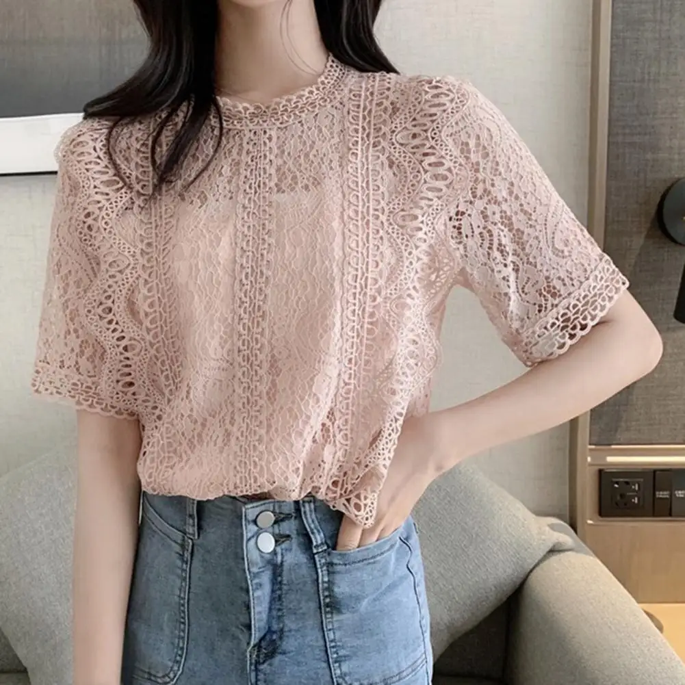 O-neck Fashion Retro Slim Chic Top Short Sleeve Loose Summer Pullover Blouse Casual Lace Hollow Out Elegant Shirt Workwear