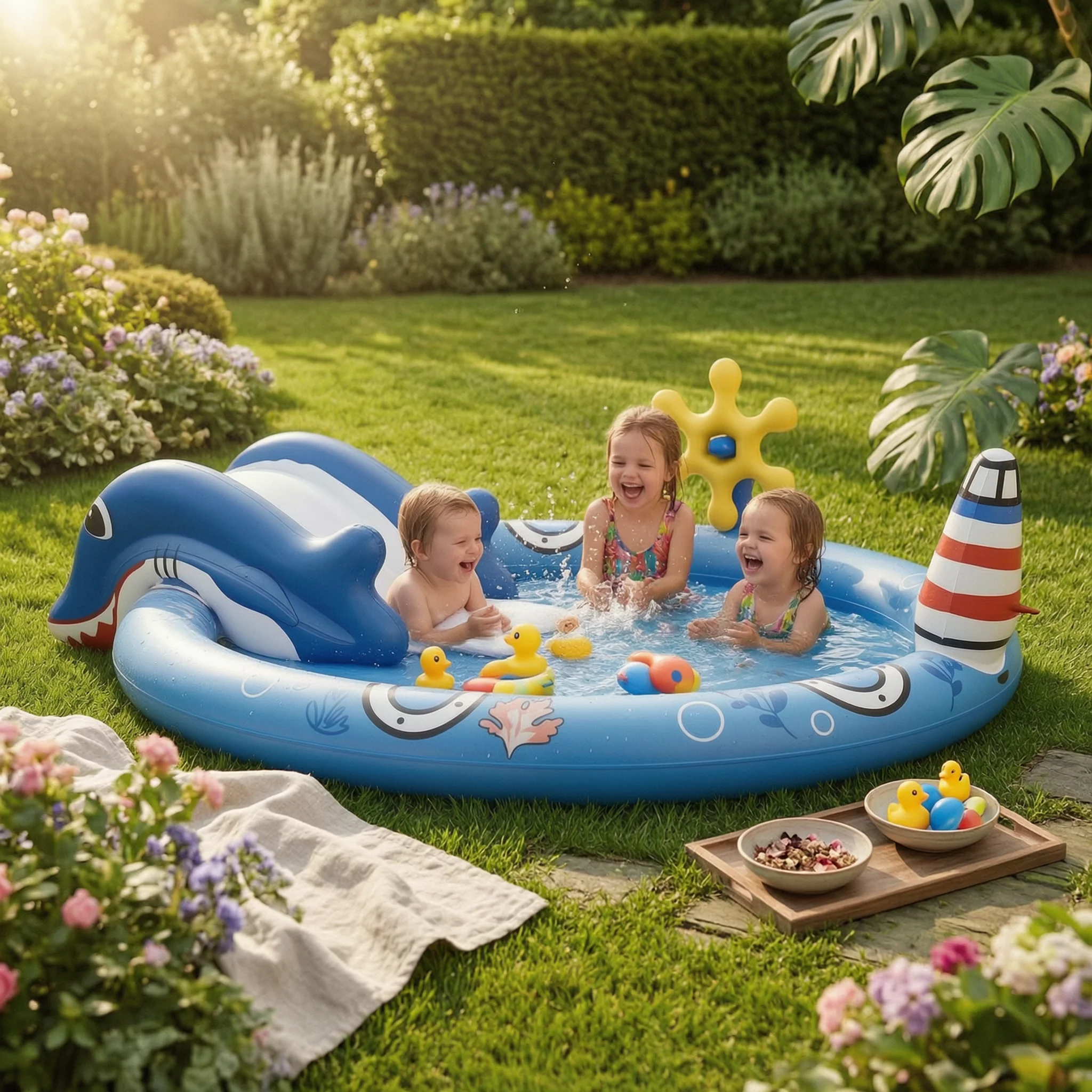 

Bassin Gonflable Heavy-duty PVC Round Ocean-themed Pool Water Play Center with Dolphin Slide for Kids Summer Activities