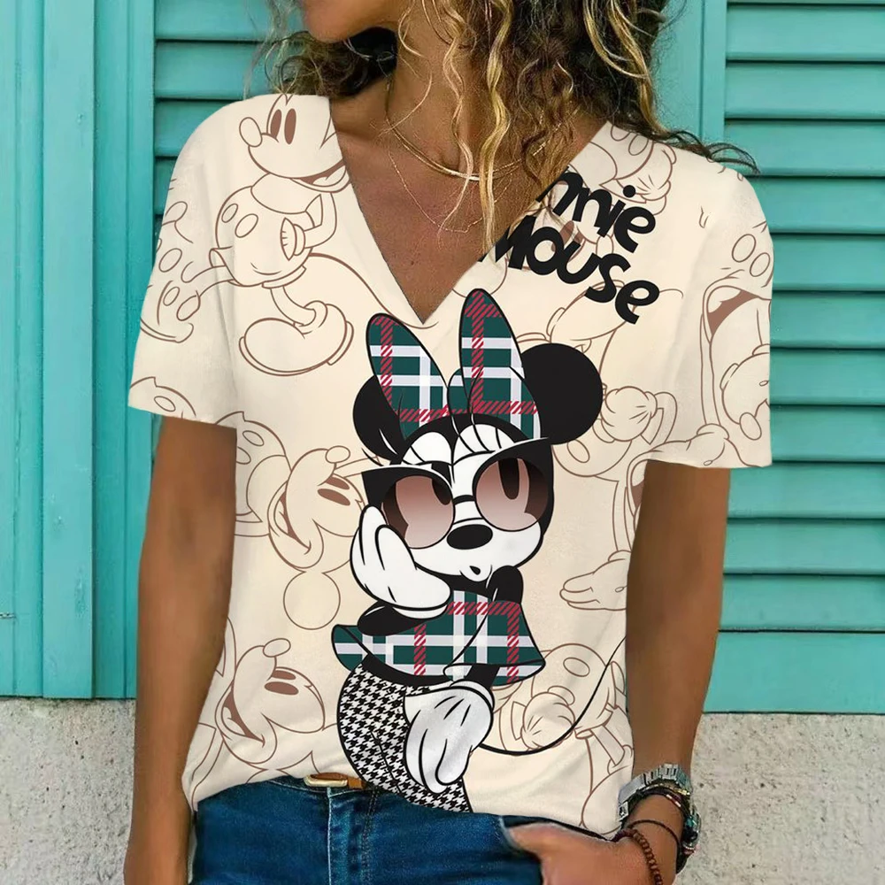 

Women Disney Mickey Mouse Minnie 3D Print T-Shirt Loose Short Sleeve T-Shirt Top Fashion Ladies Boho V-neck 3D T-shirt S-XXXL