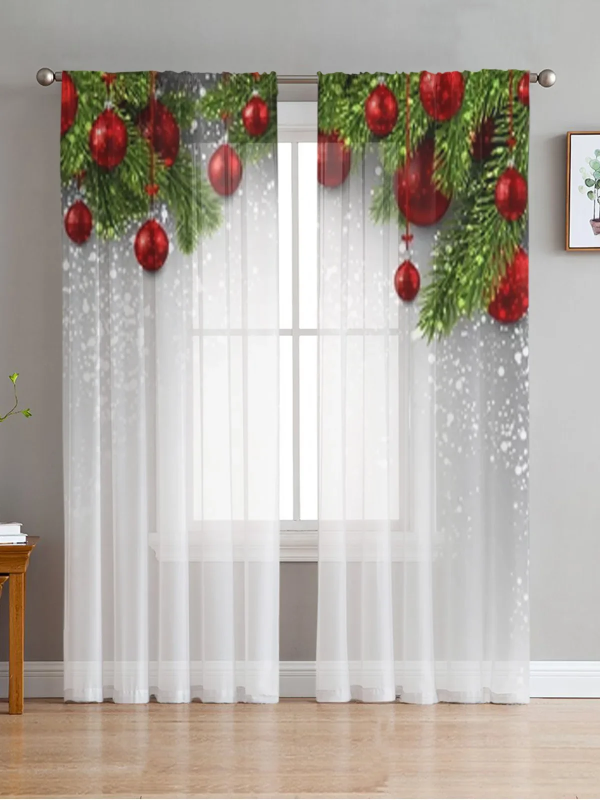 Christmas Balls And Snow Sheer Curtains For Living Room Bedroom Balcony Transparent Window Blinds Kitchen Drapes