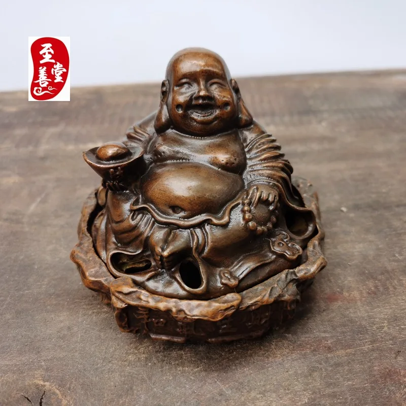 Antique Collection Old Patina Alloy Copper Living Room Decorative Ornament Laughing Buddha Incense Burner 8x9CM