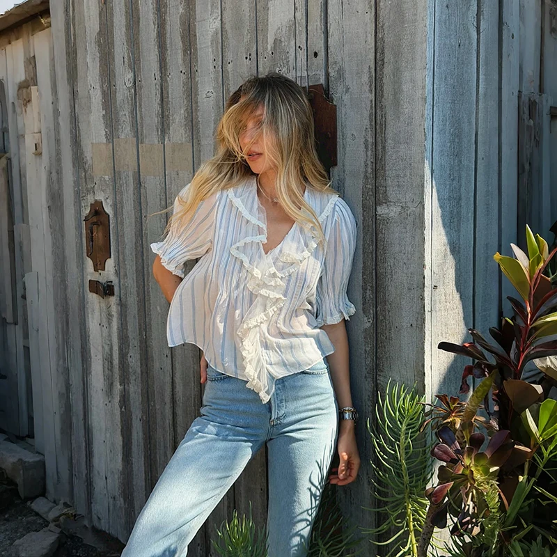 

Ultra-Lightweight Pure Cotton Elegant Shirt Summer New Style V-Neck Bubble Sleeve Midi-Sleeve Vertical Stripes Luxury Top