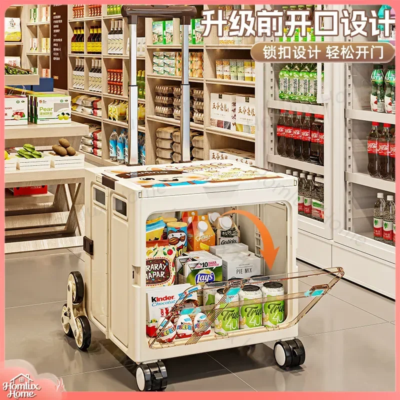 Foldable Shopping Cart with Wheels Portable Trolley Cart for Home Use Large Capacity Climbing Trolley Double Door Grocery