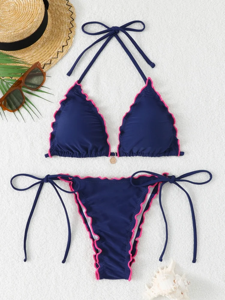 

Bikini Women Swimsuit 2026 New Solid Halter Bikinis Set Fungus Side Lace Up Swimwear Summer Two Piece Beach Bathing Suit Female