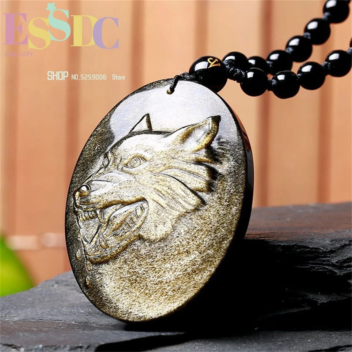 Carving Natural Golden Wolf Head Obsidian Pendant Gift  Amulet Necklace  Lucky  Men Jewellery  Charm Retro Personality Exquisite