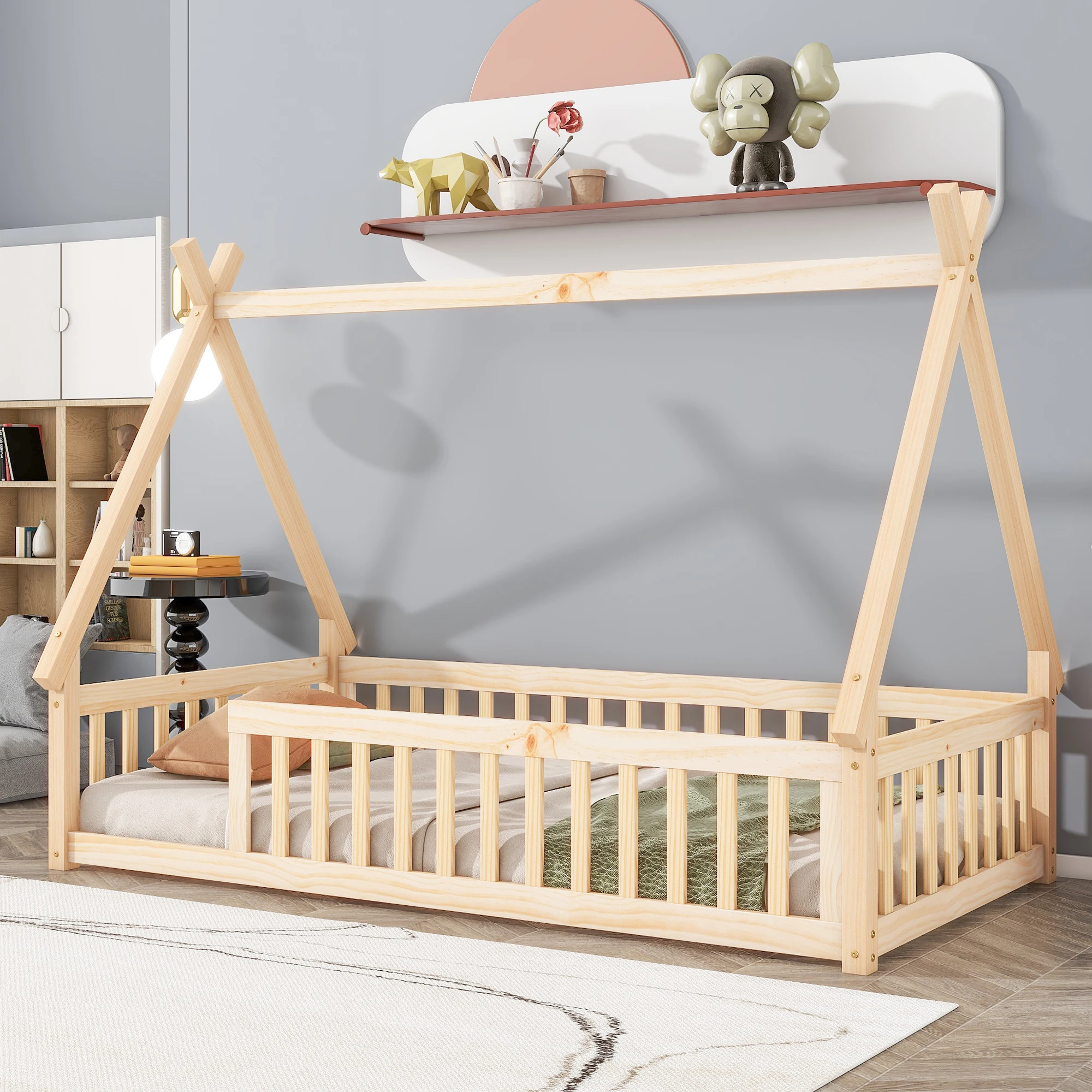 

Twin Tent-Shaped Floor Bed, Teepee Bed with Guardrails and Slats, Natural 78.20x46.50x59.10 in.