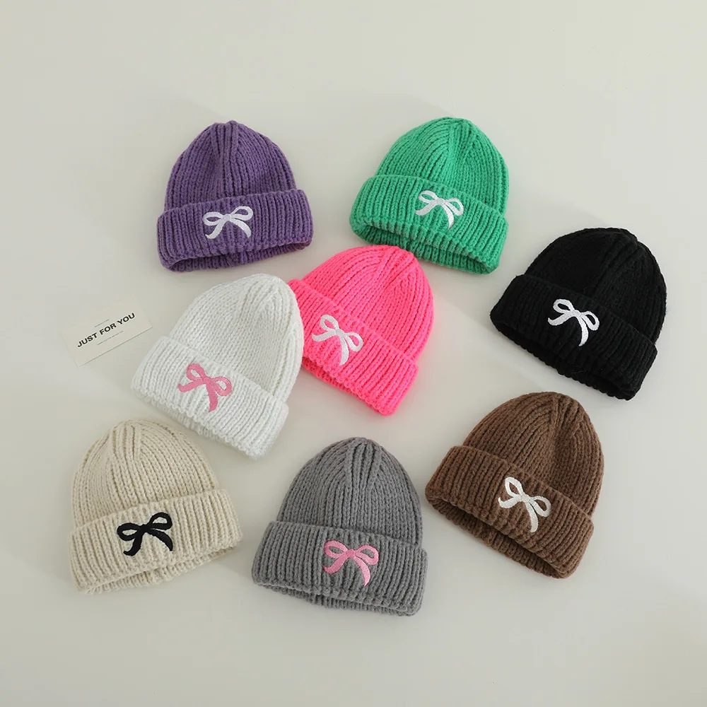 

Children Autumn Winter Girls Boys Windproof Hats with Bow Toddler Cold Proof Cap Kids Thicken CapsKnitted Warm Soft Hat 48-52cm