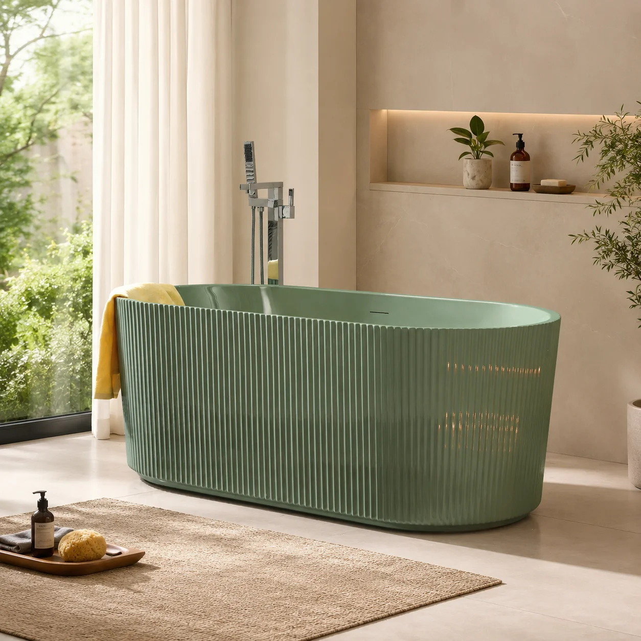 Boutique Mint Green Freestanding Soaking Bathtub For Designer Villa Project 1700mm Ribbed Fluted Surface Acrylic Oval Seamless